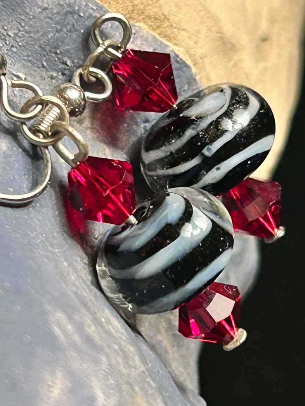 Handmade Black & White Swirl Glass Bead Earrings with Red Crystal Accents